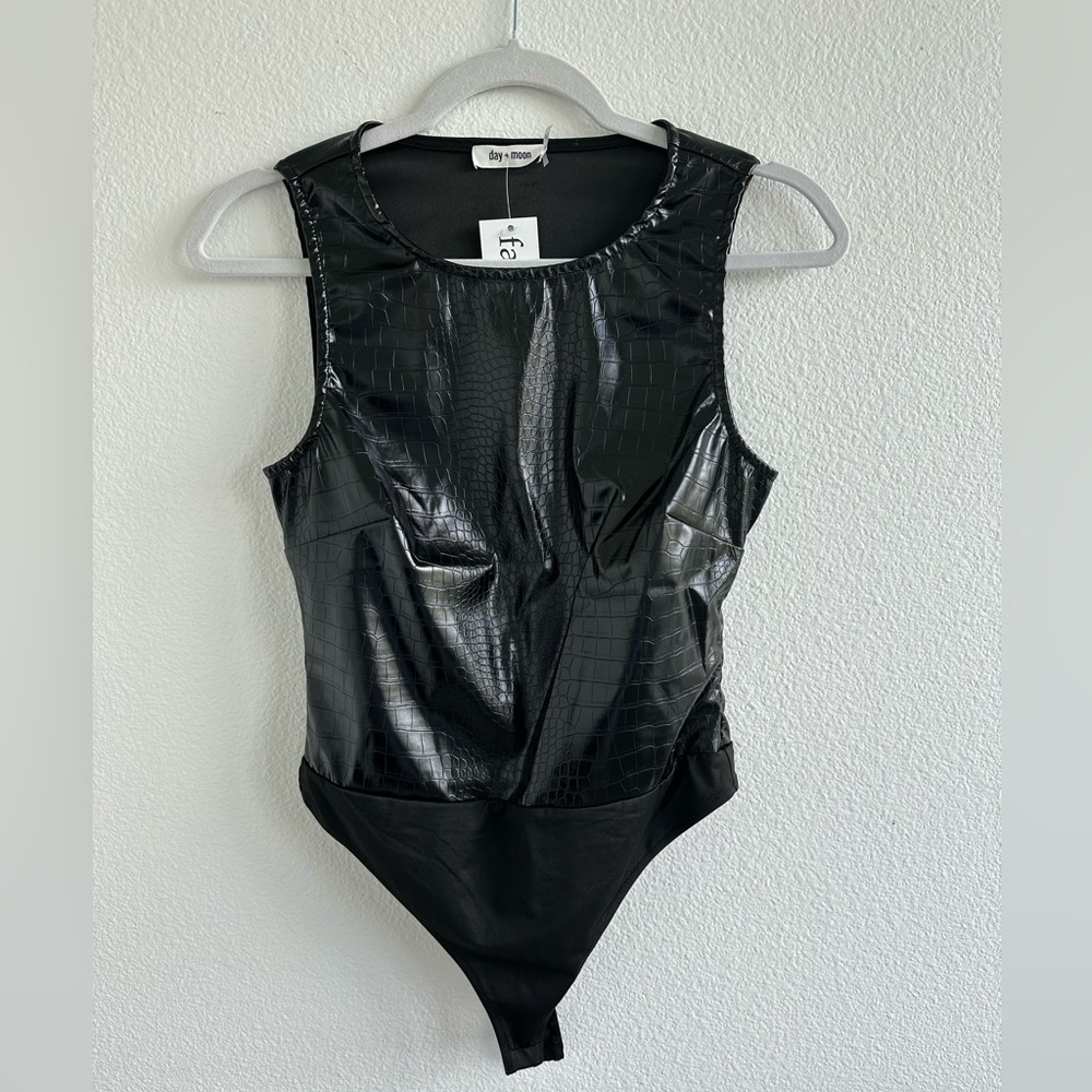 Day + Moon Faux Leather Bodysuit | Black | S | NWT